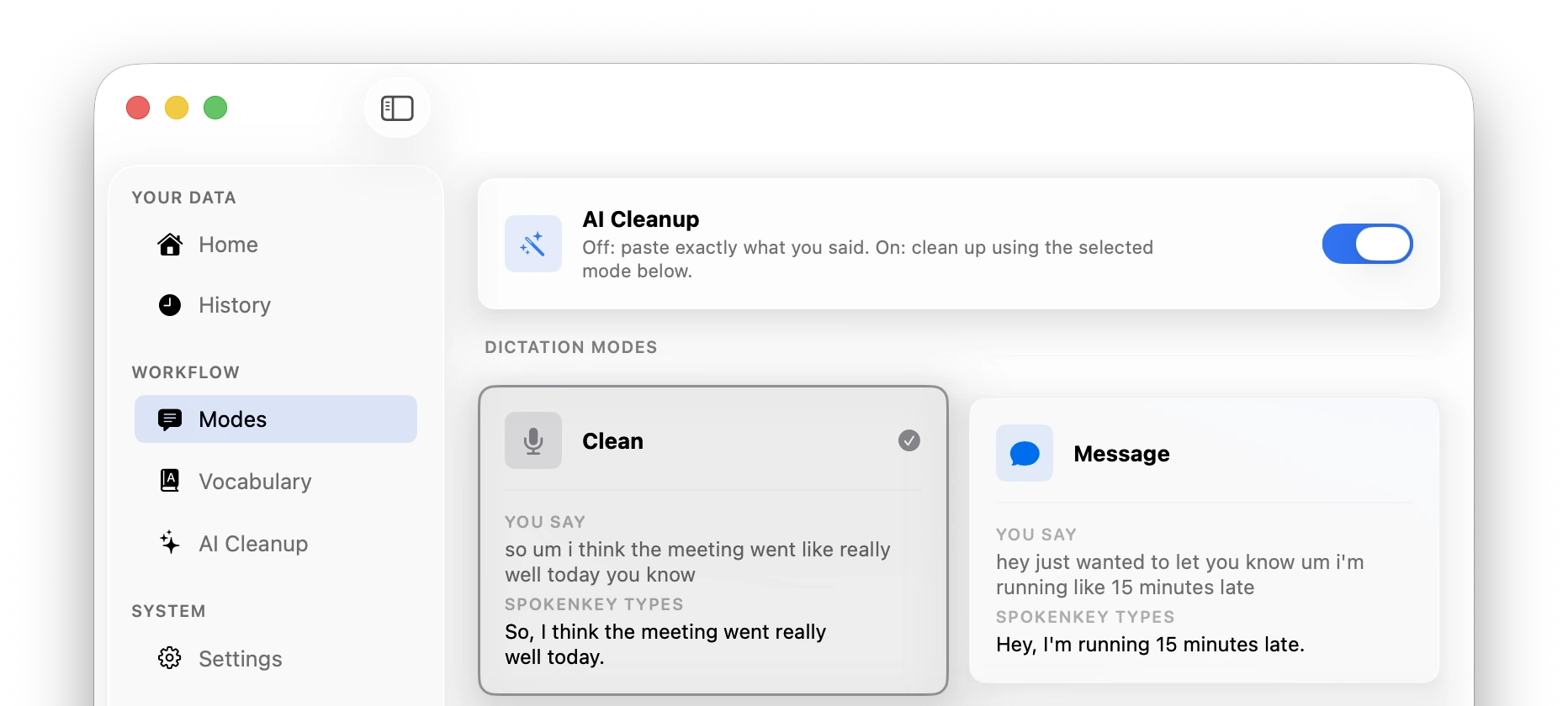 The Modes screen in light mode: the AI Cleanup switch, then Clean and Message with their examples.