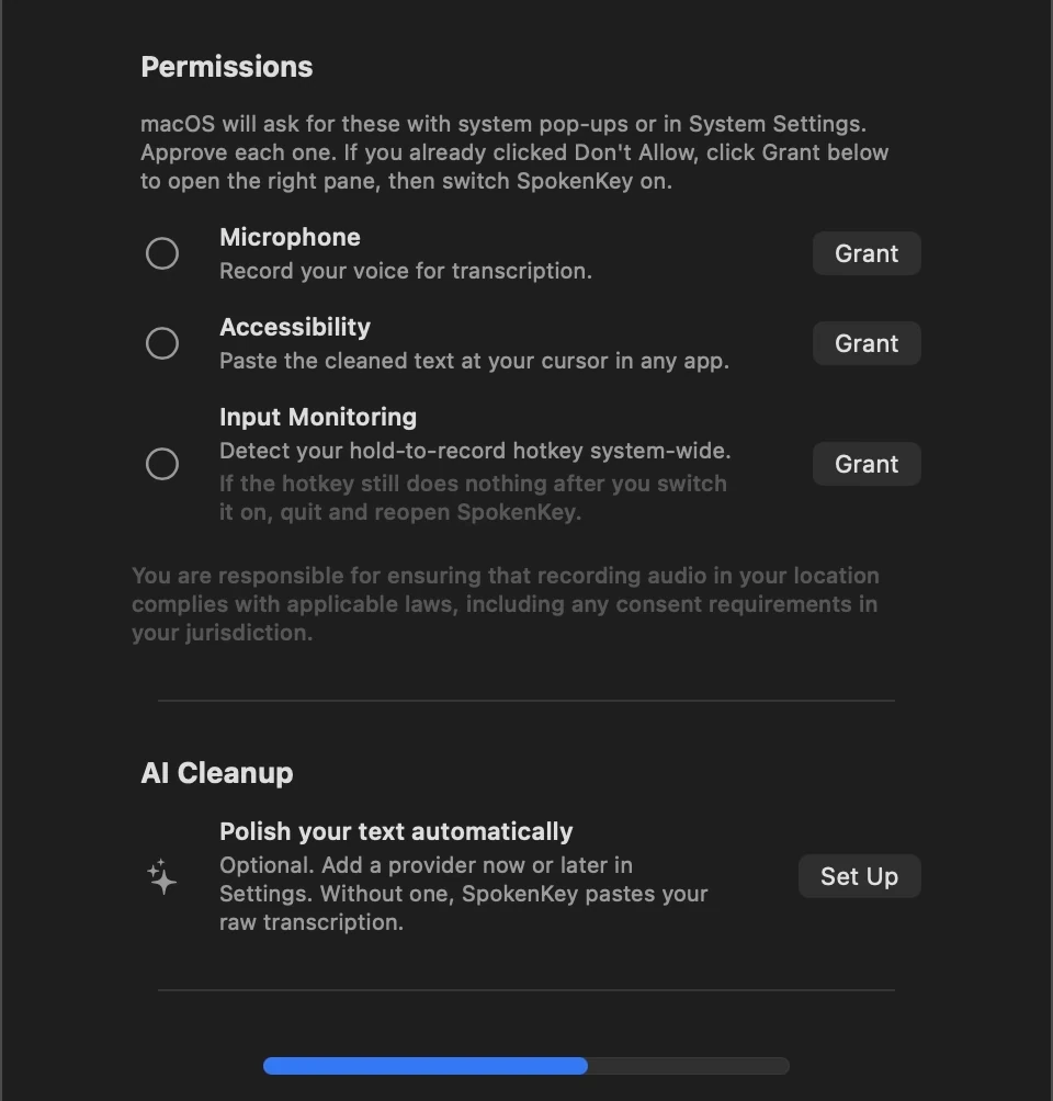 SpokenKey's first-run sheet: Microphone, Accessibility, and Input Monitoring each with a Grant button, the optional AI Cleanup setup, and the speech model's download progress.